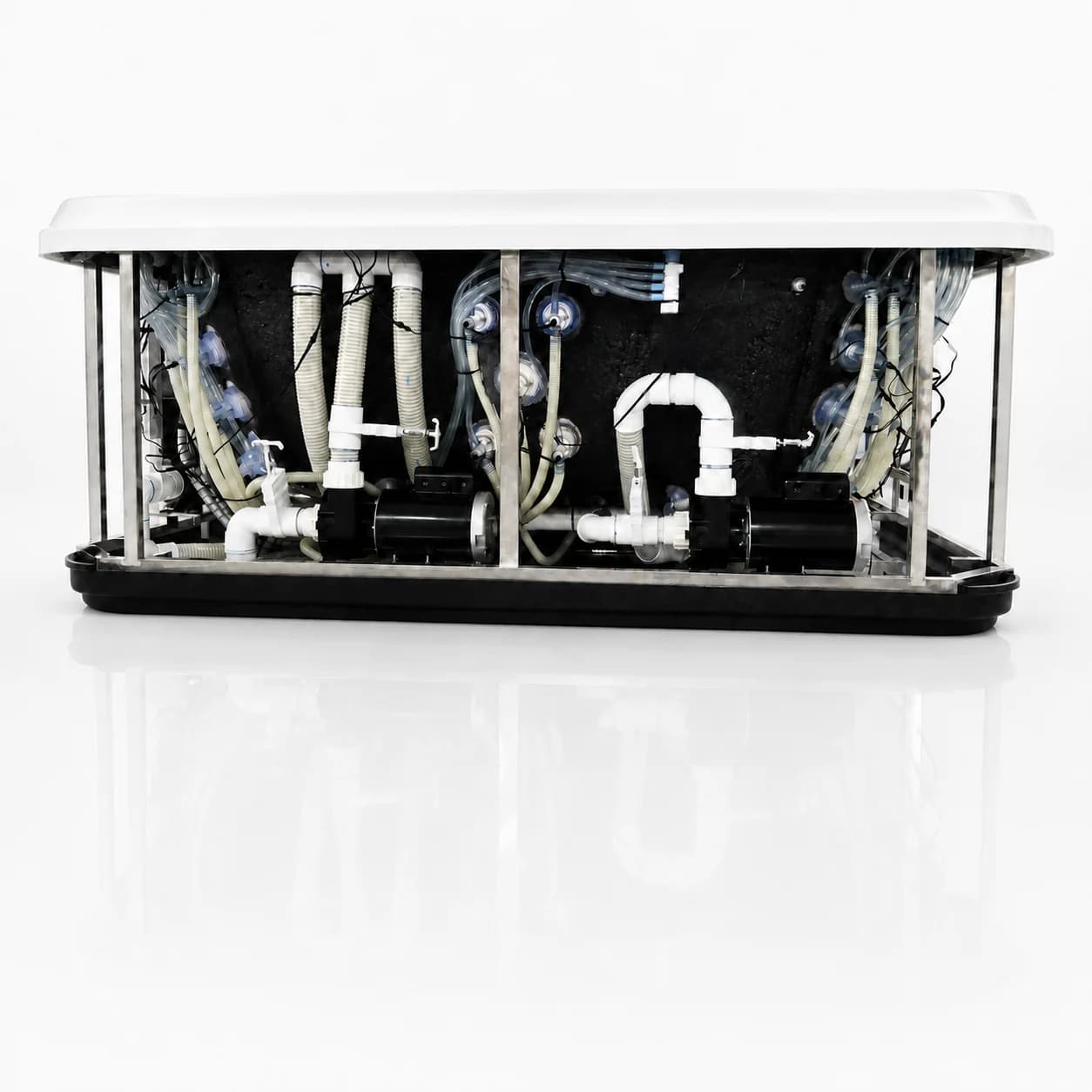 Official Olympus Zeus construction photograph showing the frame and plumbing with the cabinet panels removed