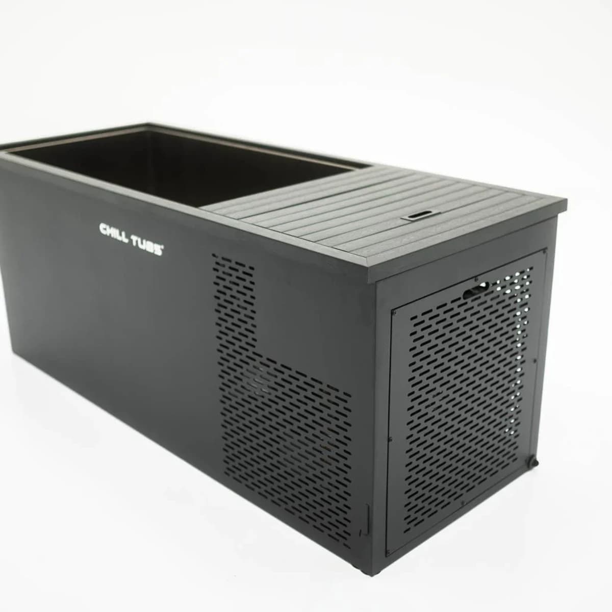 Angled view of the Original cold plunge with its sliding cover