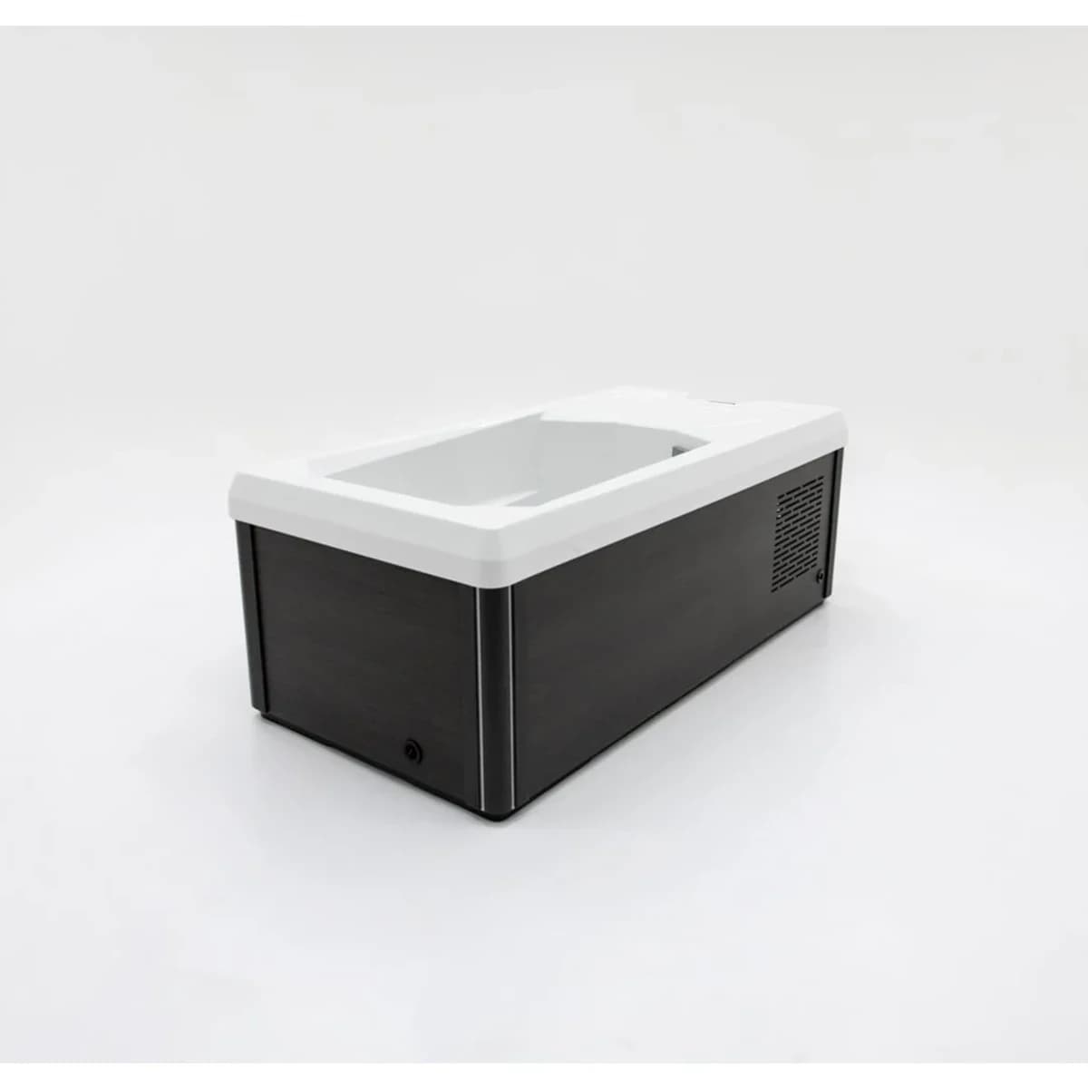 Side view of the open Chill Tubs Pro acrylic shell and cabinet