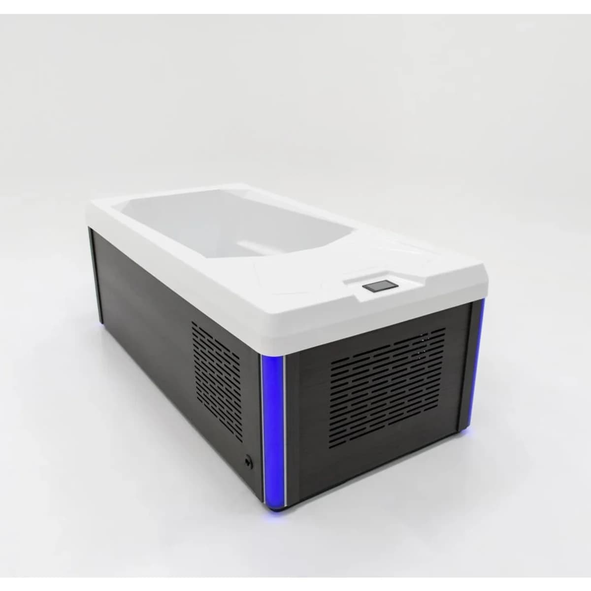 Angled Pro cold plunge showing its vented cabinet and open basin