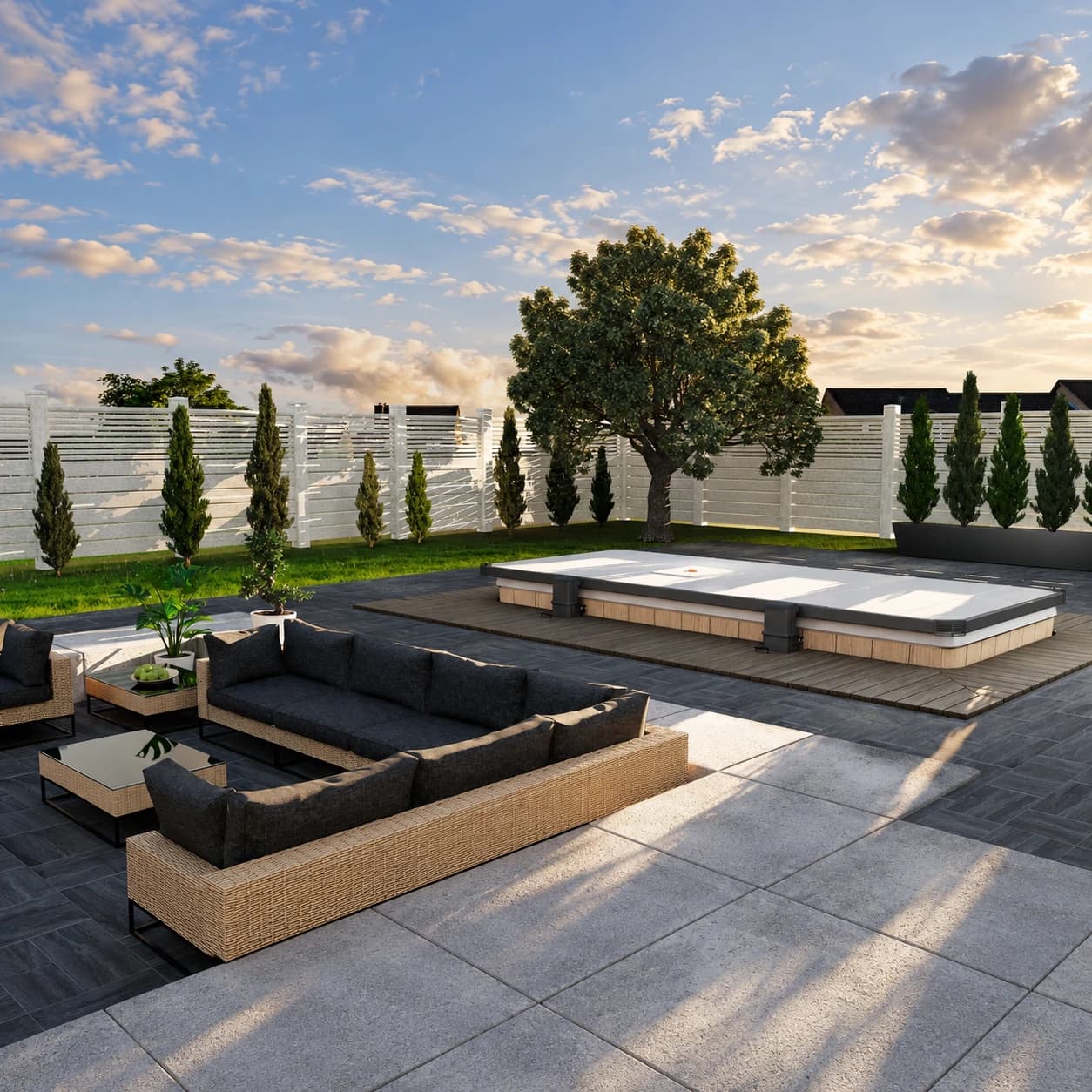 Covana Legend automated cover closed over a swim spa in a landscaped backyard