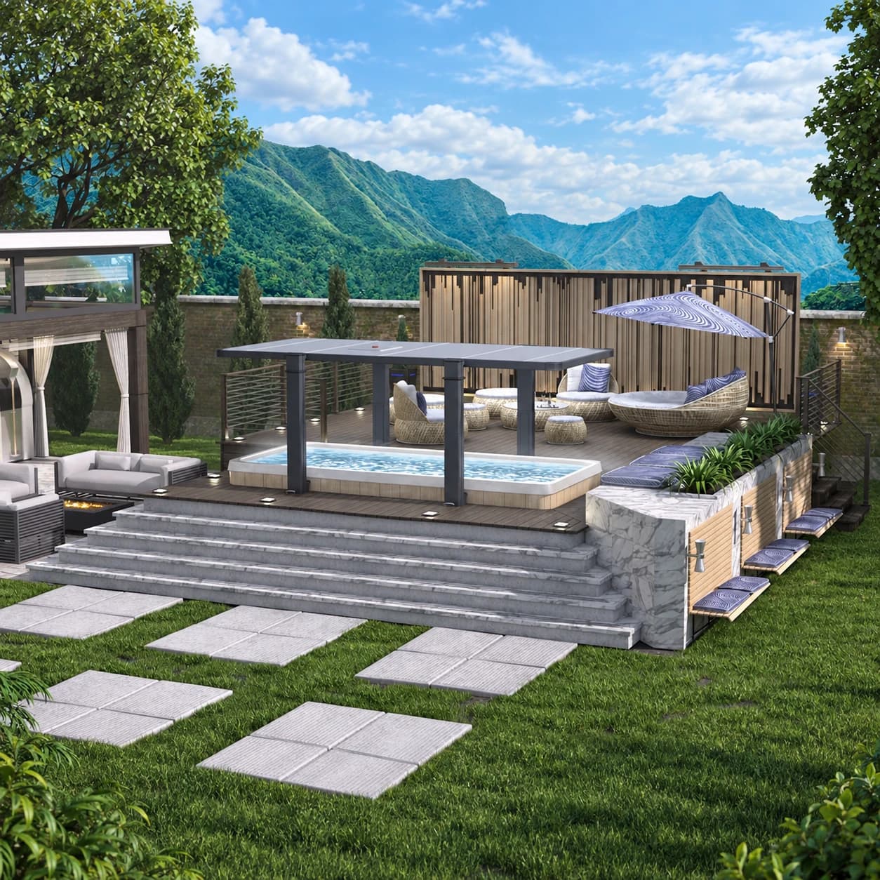 Covana Legend automated cover raised above a swim spa on a terraced deck