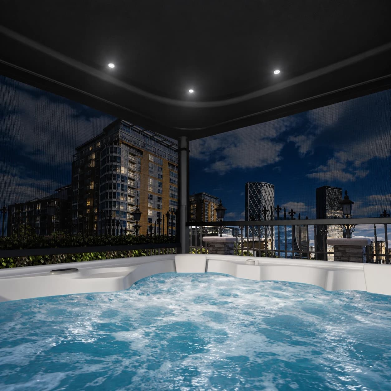 Night view from a spa beneath the Covana Oasis Midnight Edition cover and privacy screens