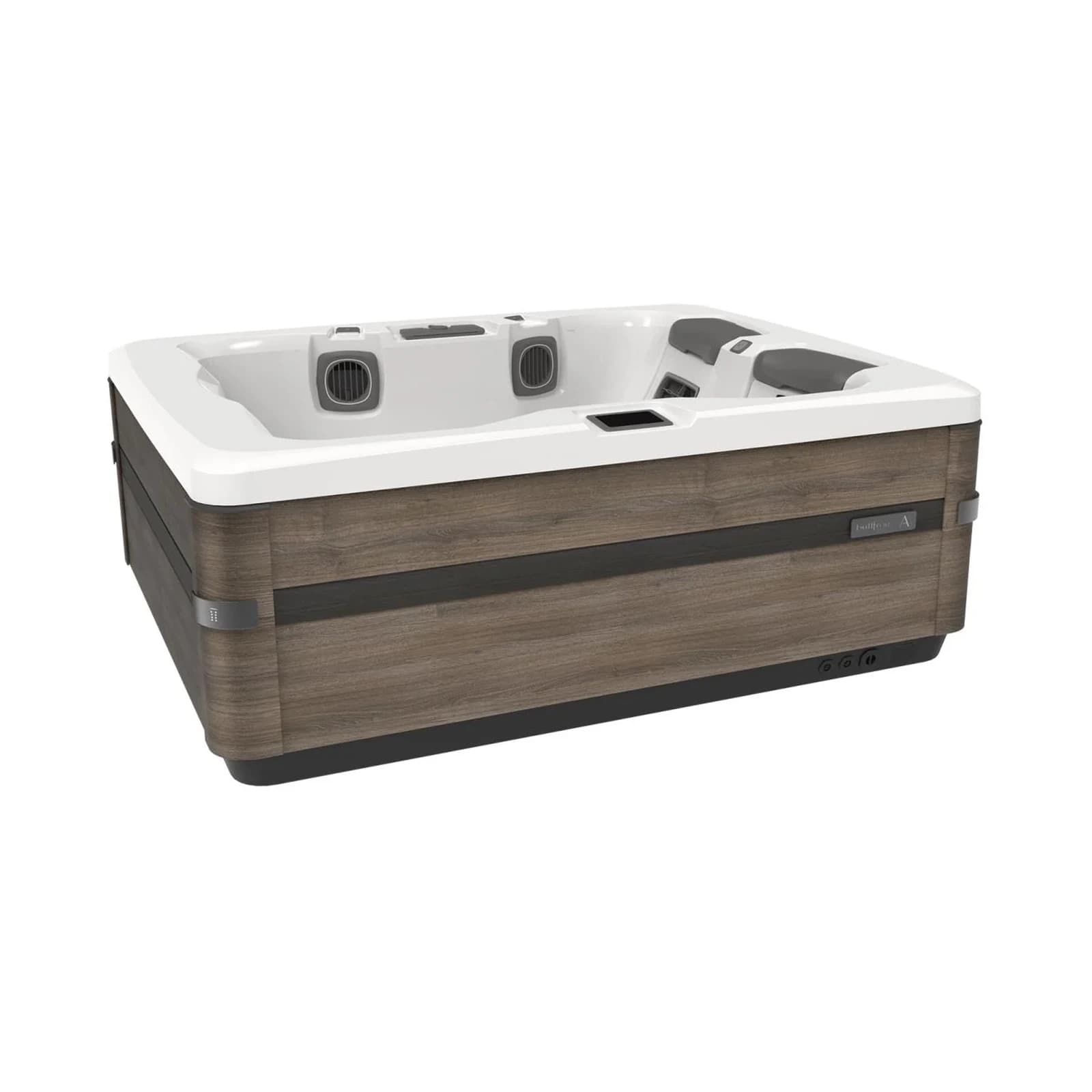 Bullfrog Spas A5D hot tub in Snow and Timber finishes, official three-quarter product view