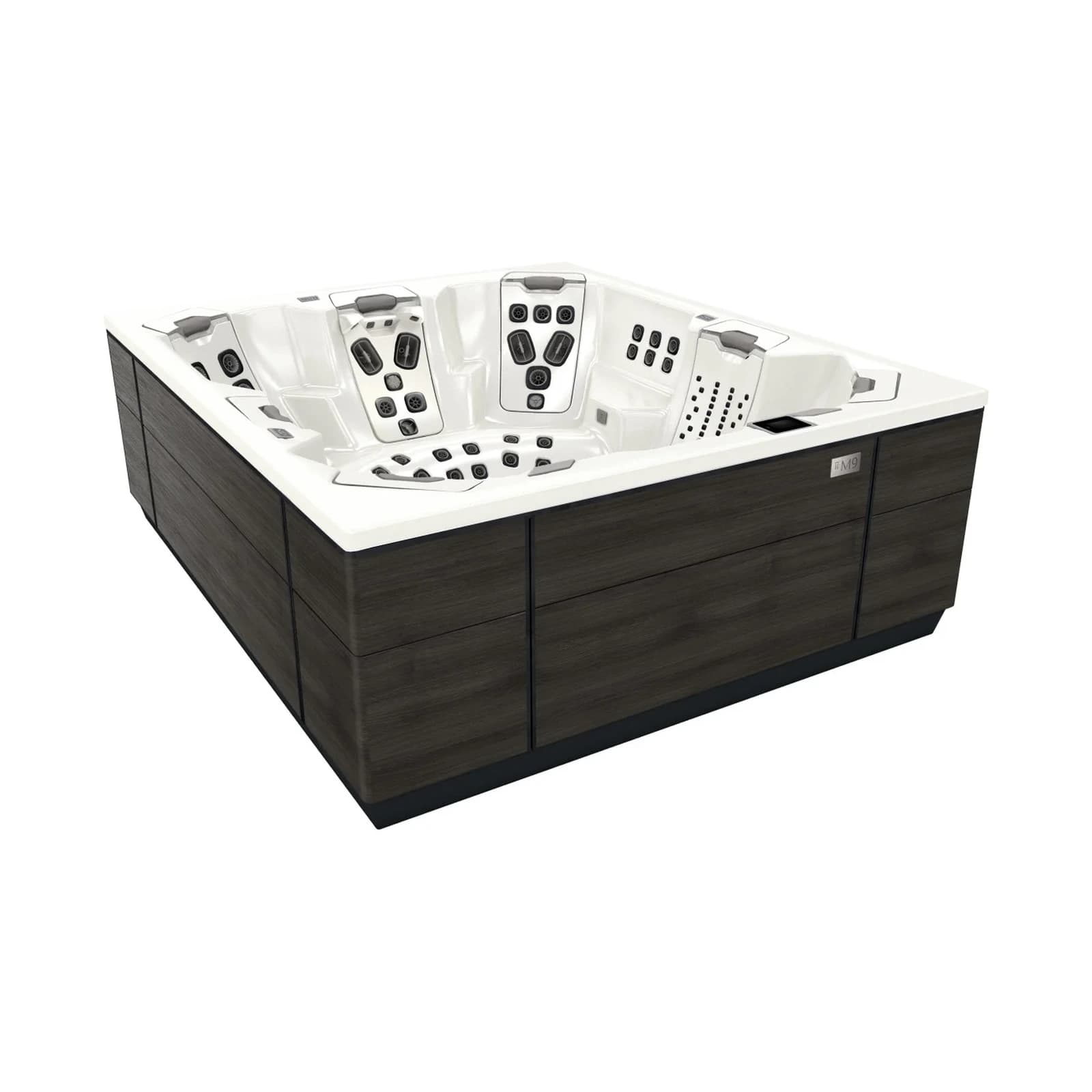 Bullfrog Spas M9 hot tub, three-quarter view showing the light cabinet and seating