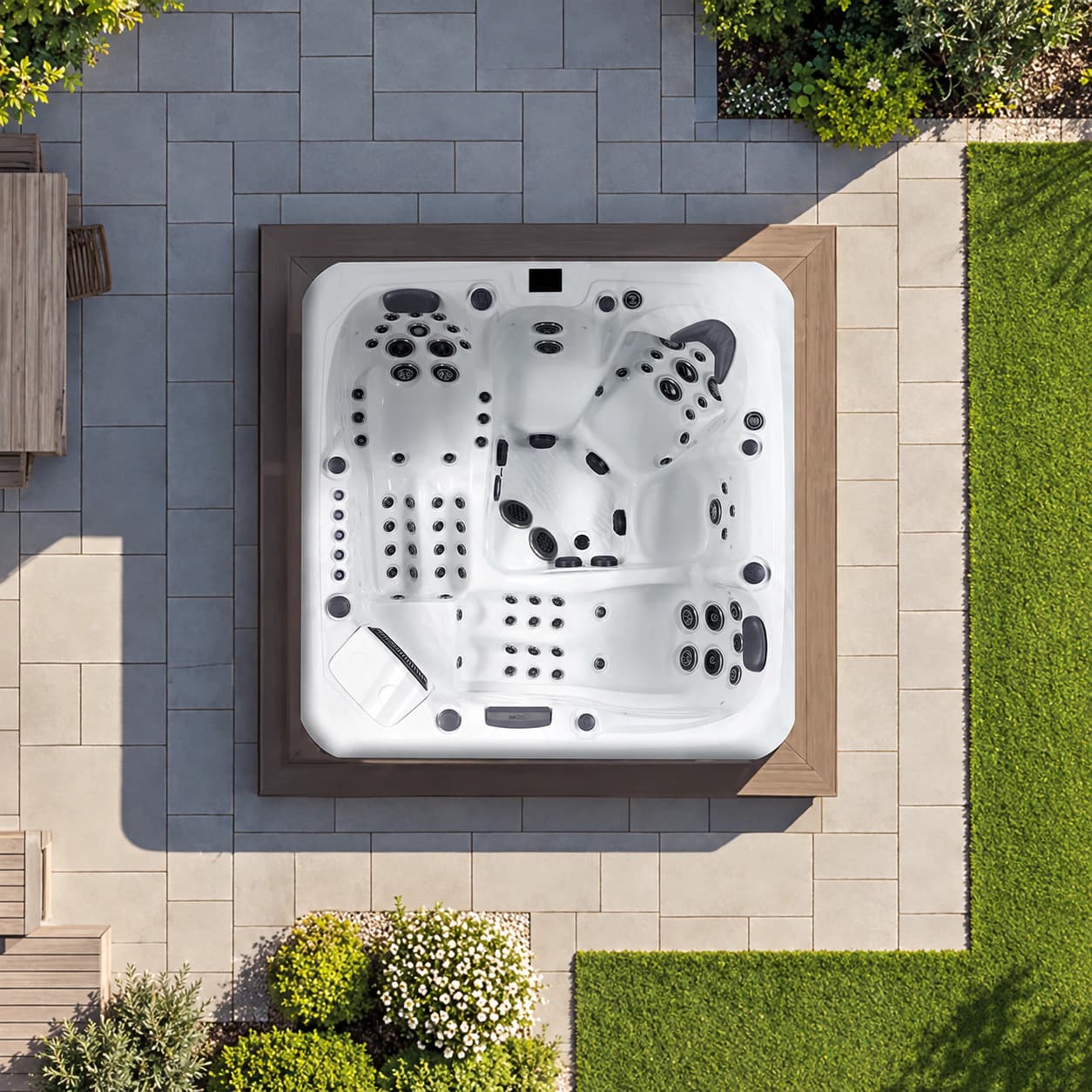 Platinum Spas Barcelona hot tub viewed from above in a patio setting