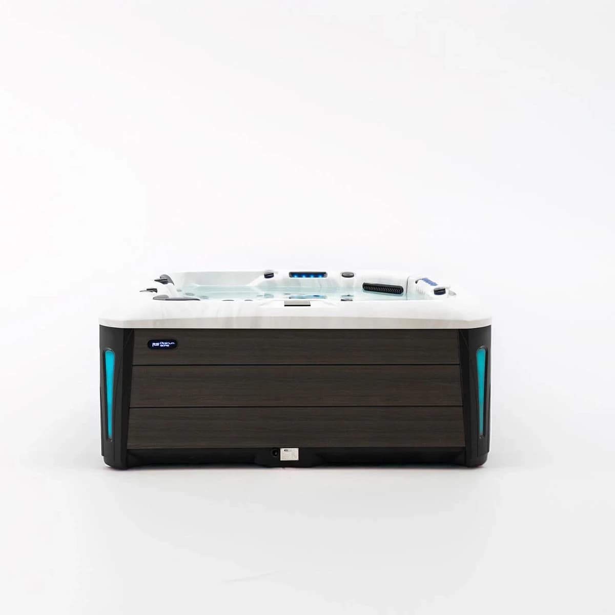 Platinum Spas Barcelona hot tub with water-filled shell and charcoal cabinet, front view