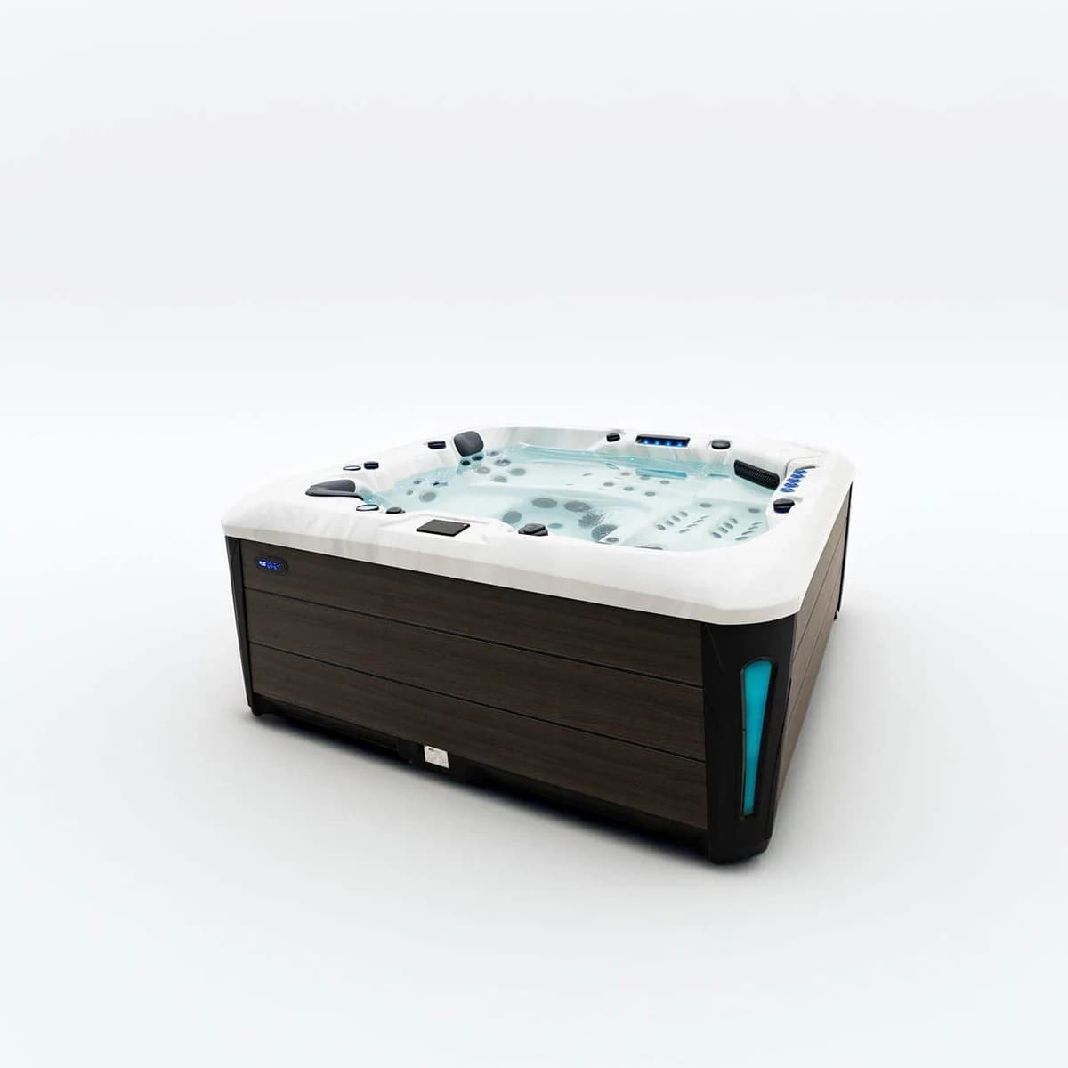 Platinum Spas Barcelona hot tub filled with water, three-quarter studio view