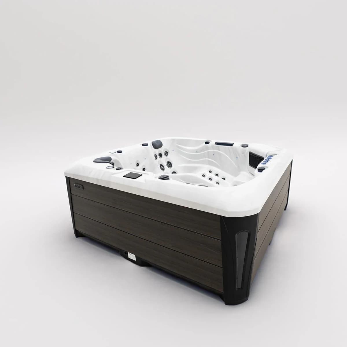 Platinum Spas Barcelona hot tub dry three-quarter view showing its seating