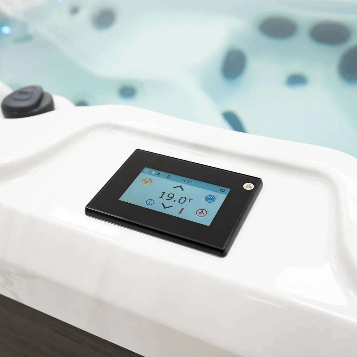 Platinum Spas Barcelona hot tub touchscreen control on the spa shell