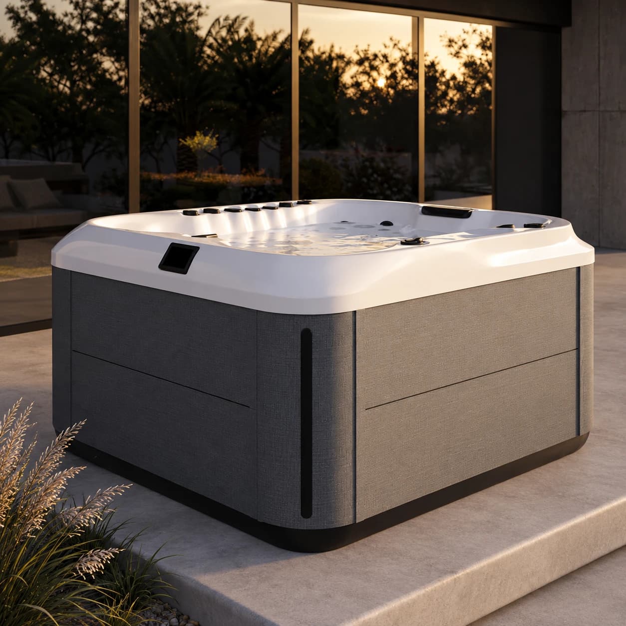 Platinum Spas Capri hot tub shown from the side on a terrace, with its full cabinet visible