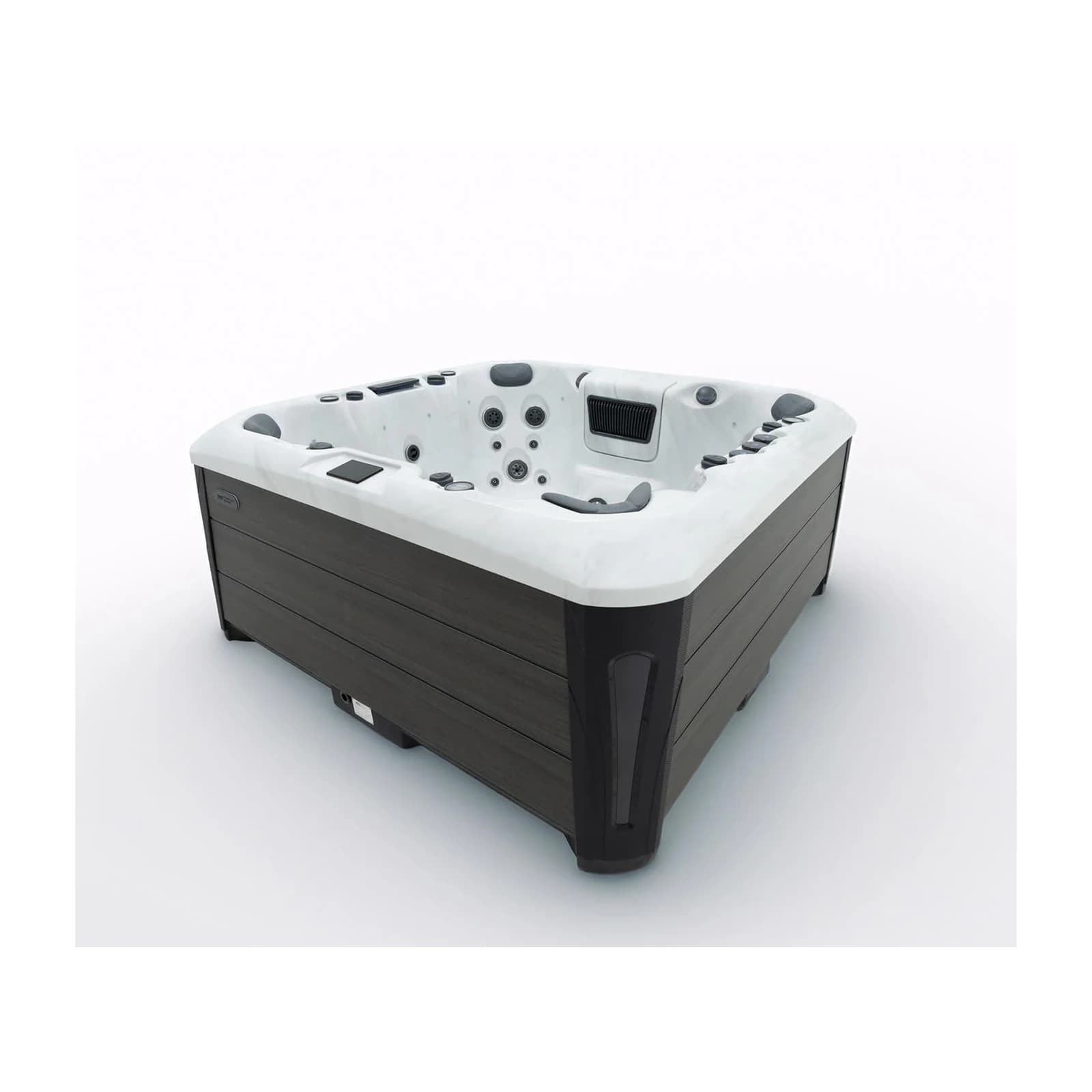 Platinum Spas Colombo hot tub, three-quarter view of the full shell and dark cabinet