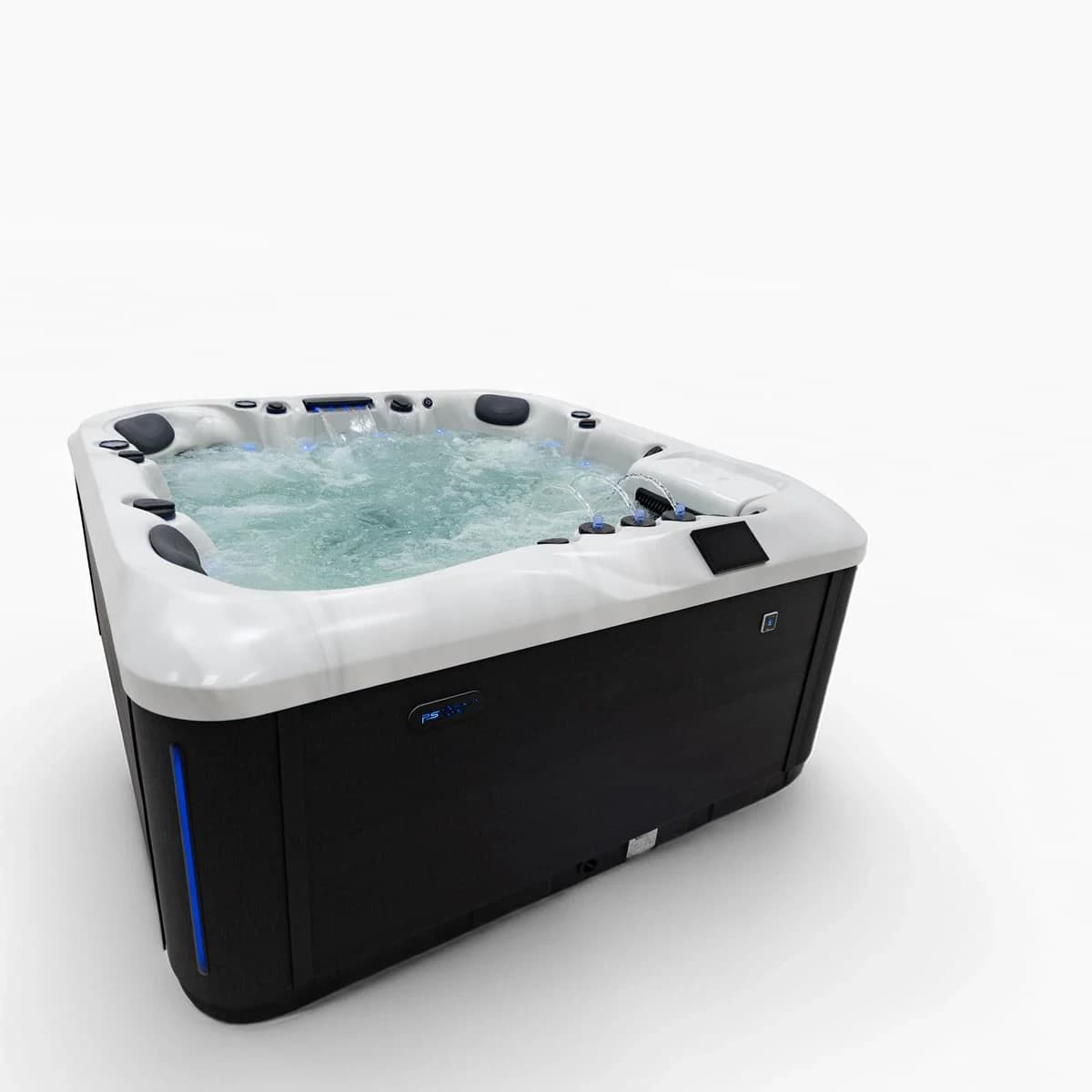 Platinum Spas Florence hot tub filled with water, complete three-quarter view