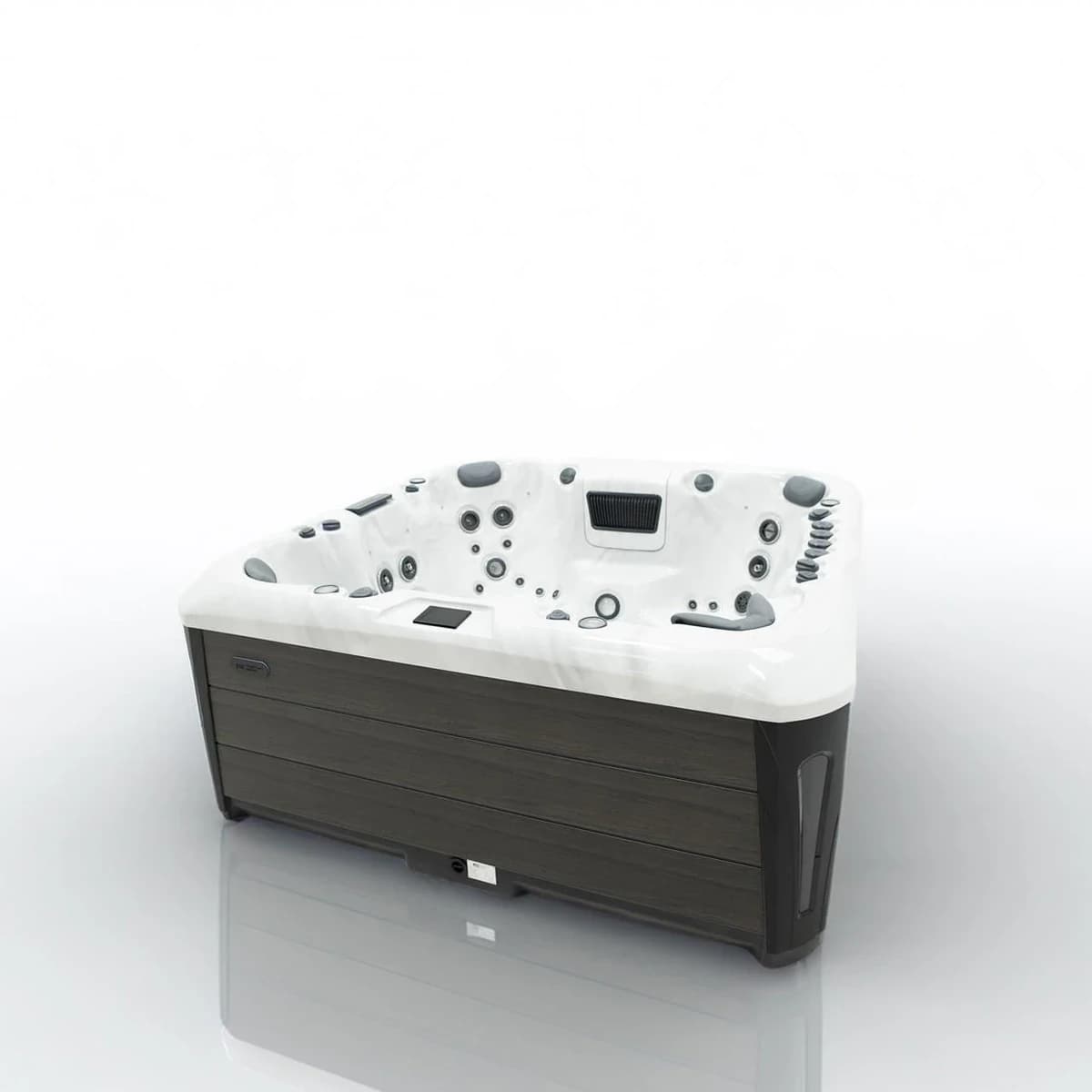 Platinum Spas Oslo hot tub, three-quarter studio view of the full spa and dark cabinet