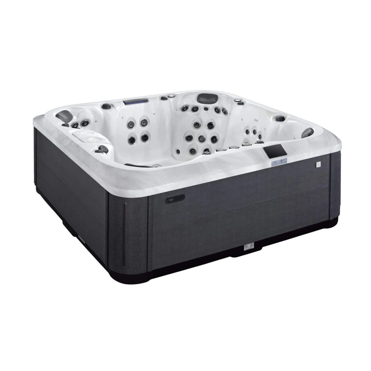 Platinum Spas Palermo hot tub, three-quarter view showing its seats and cabinet