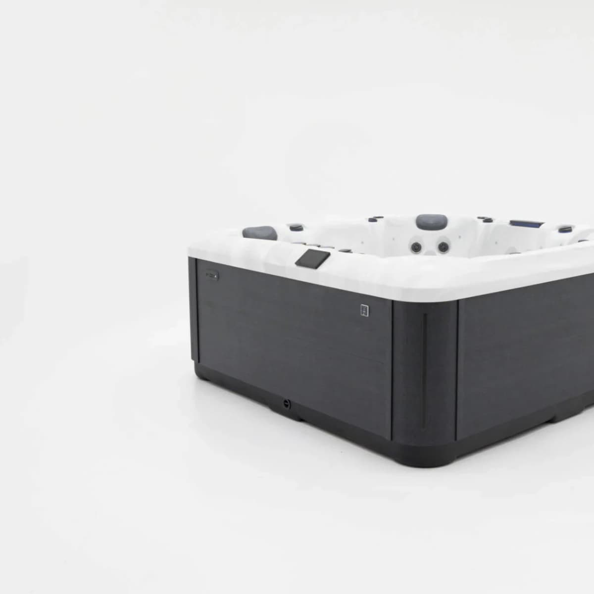 Platinum Spas Portofino hot tub, three-quarter view showing the shell and cabinet