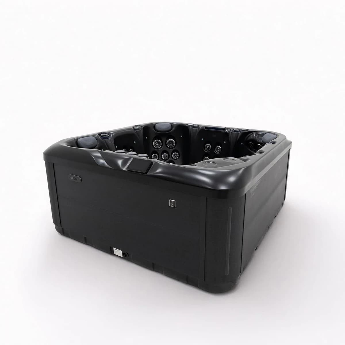 Platinum Spas Positano hot tub in black, complete three-quarter studio view