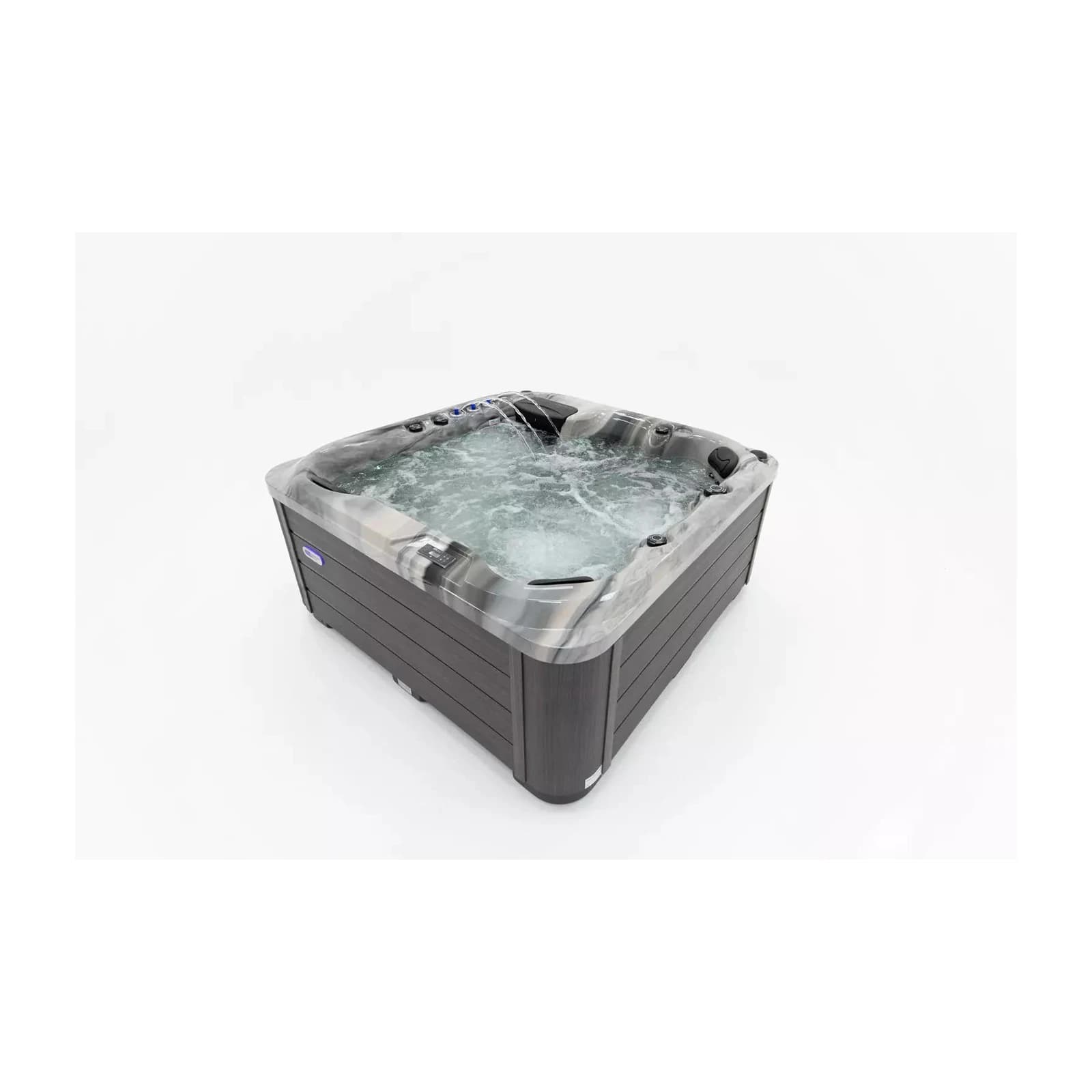 Platinum Spas Refresh hot tub with water, complete three-quarter product view