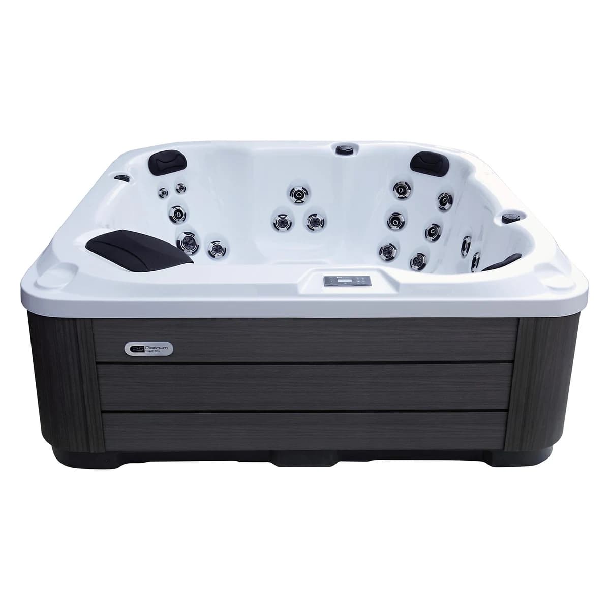 Platinum Spas St Tropez hot tub front studio view showing the seats and cabinet