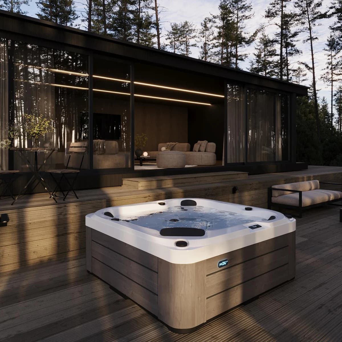 Platinum Spas St Tropez hot tub installed on a deck, with the complete cabinet and seating visible