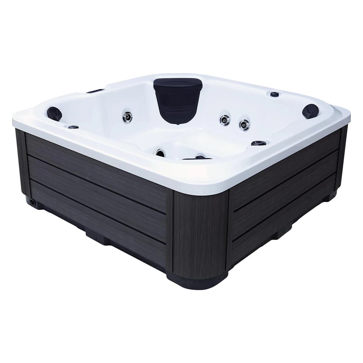 Platinum Spas St Tropez hot tub three-quarter studio view showing the shell and cabinet