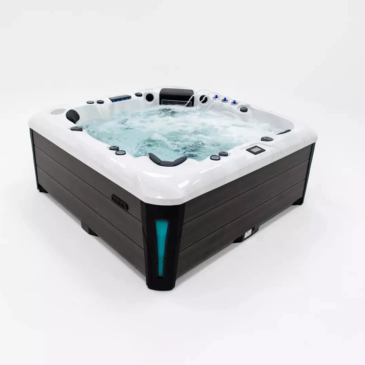 Platinum Spas Tokyo hot tub with water, three-quarter studio view