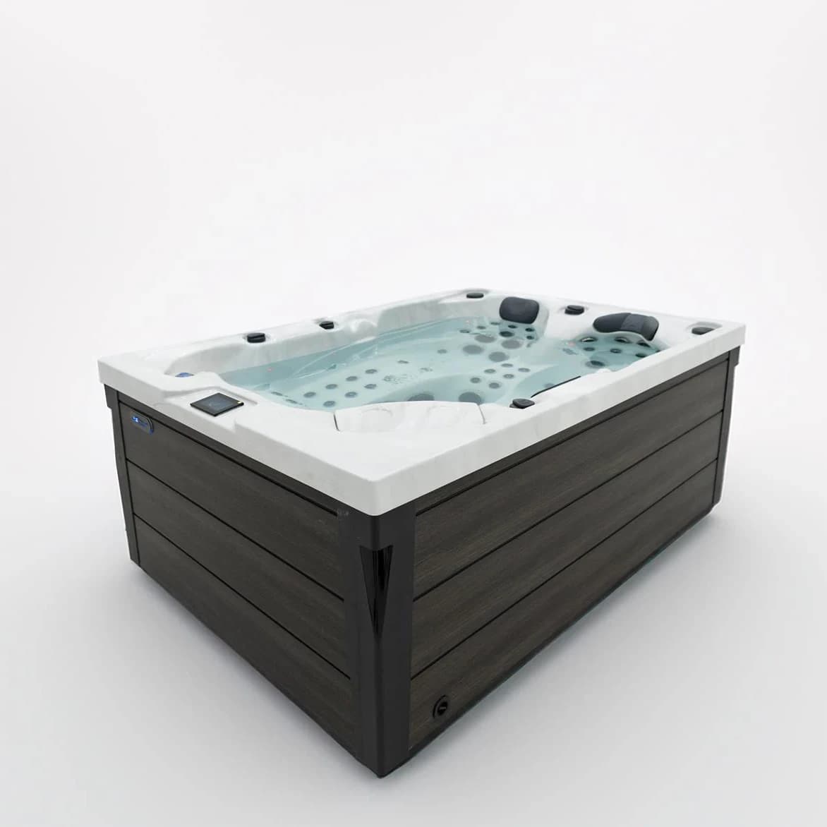 Platinum Spas Topaz hot tub filled with water, complete three-quarter view