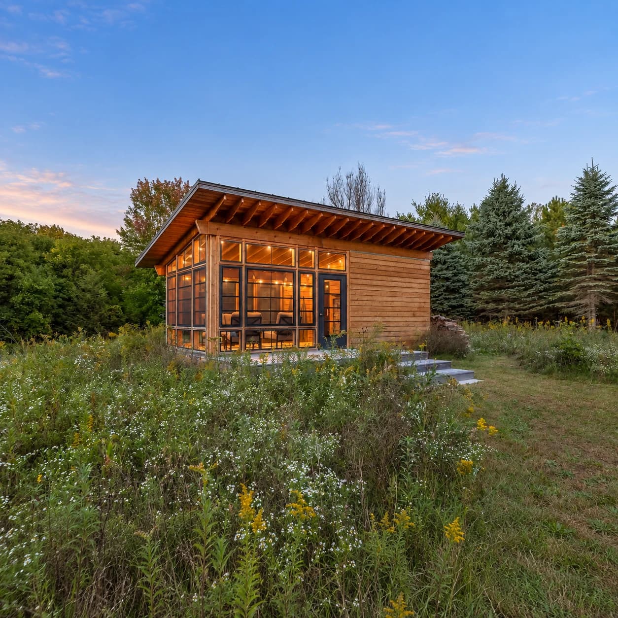 Finnleo custom outdoor sauna in a natural meadow at dusk