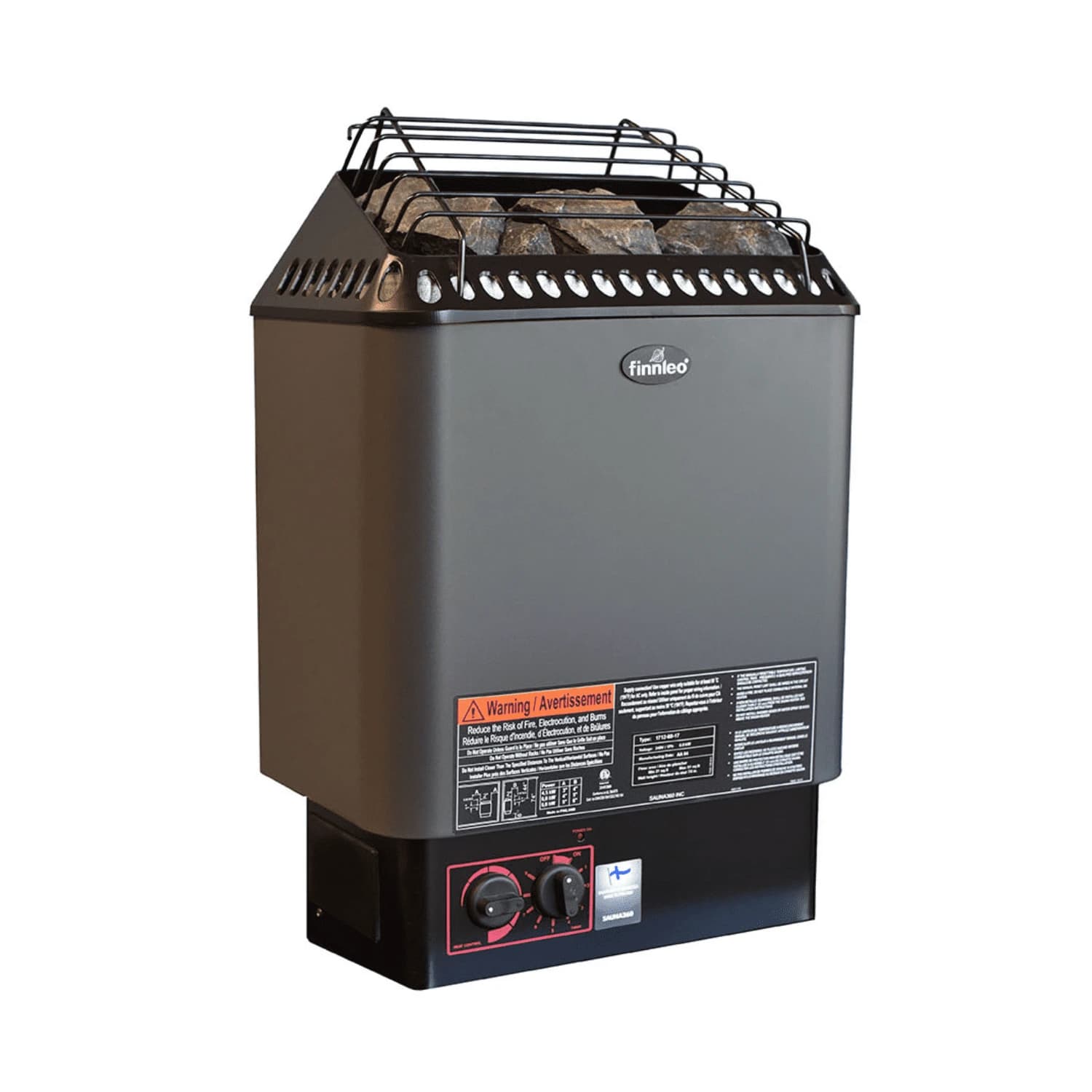 Finnleo Designer B sauna heater, complete three-quarter view with built-in temperature and timer controls