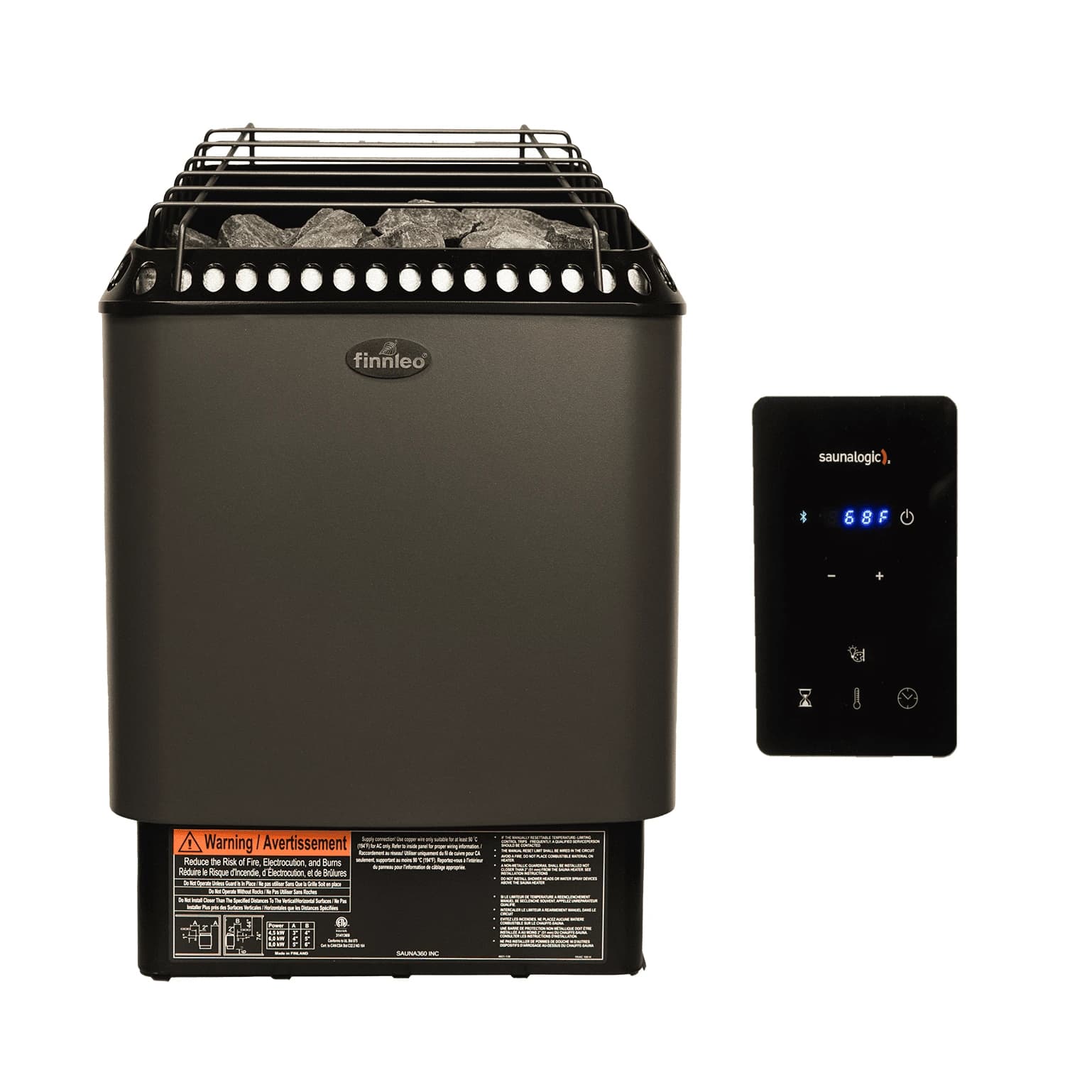Finnleo Designer SL2 sauna heater shown beside its external SaunaLogic2 control; confirm the quoted control package