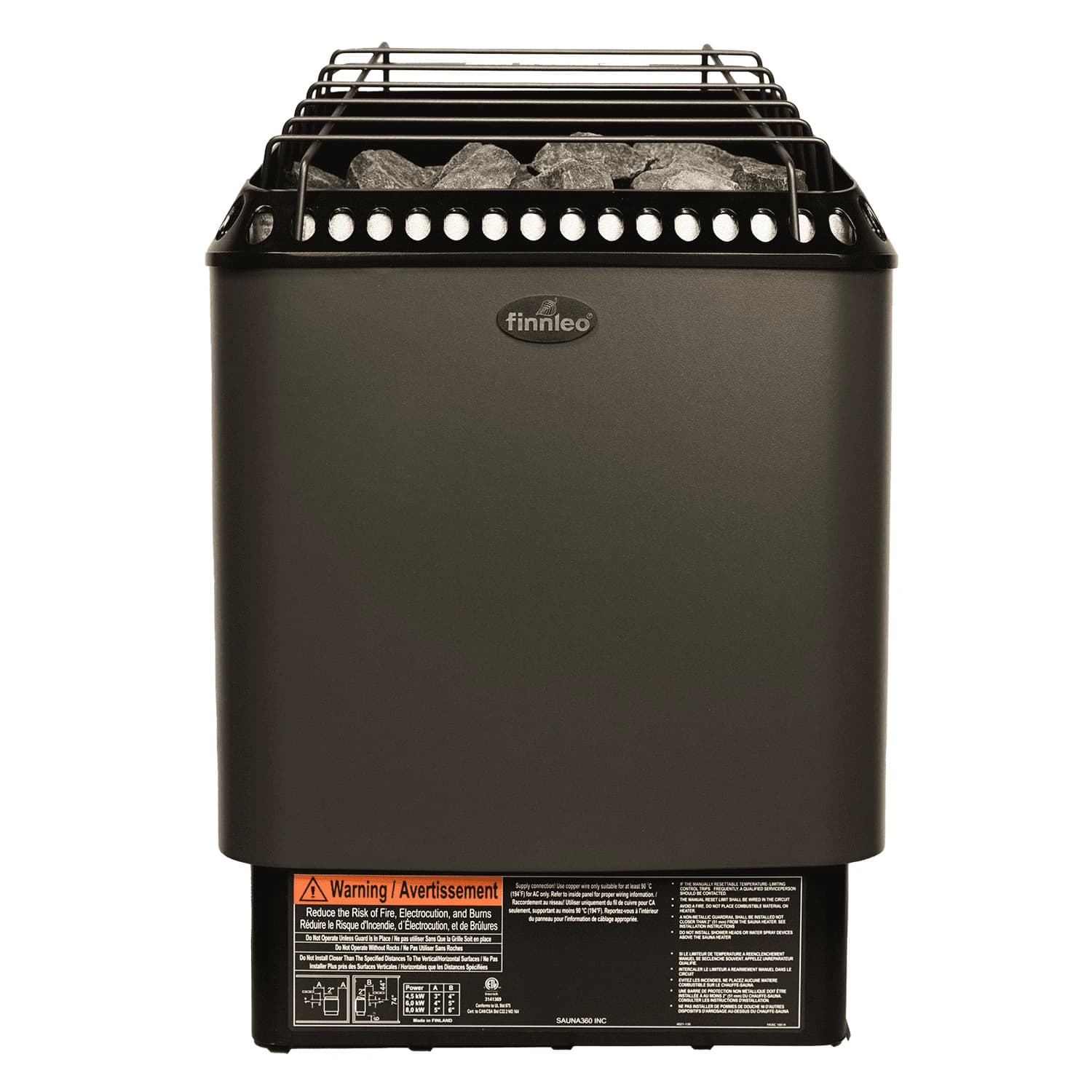 Finnleo Designer SL2 sauna heater, complete front view showing the rocks, guard and cabinet
