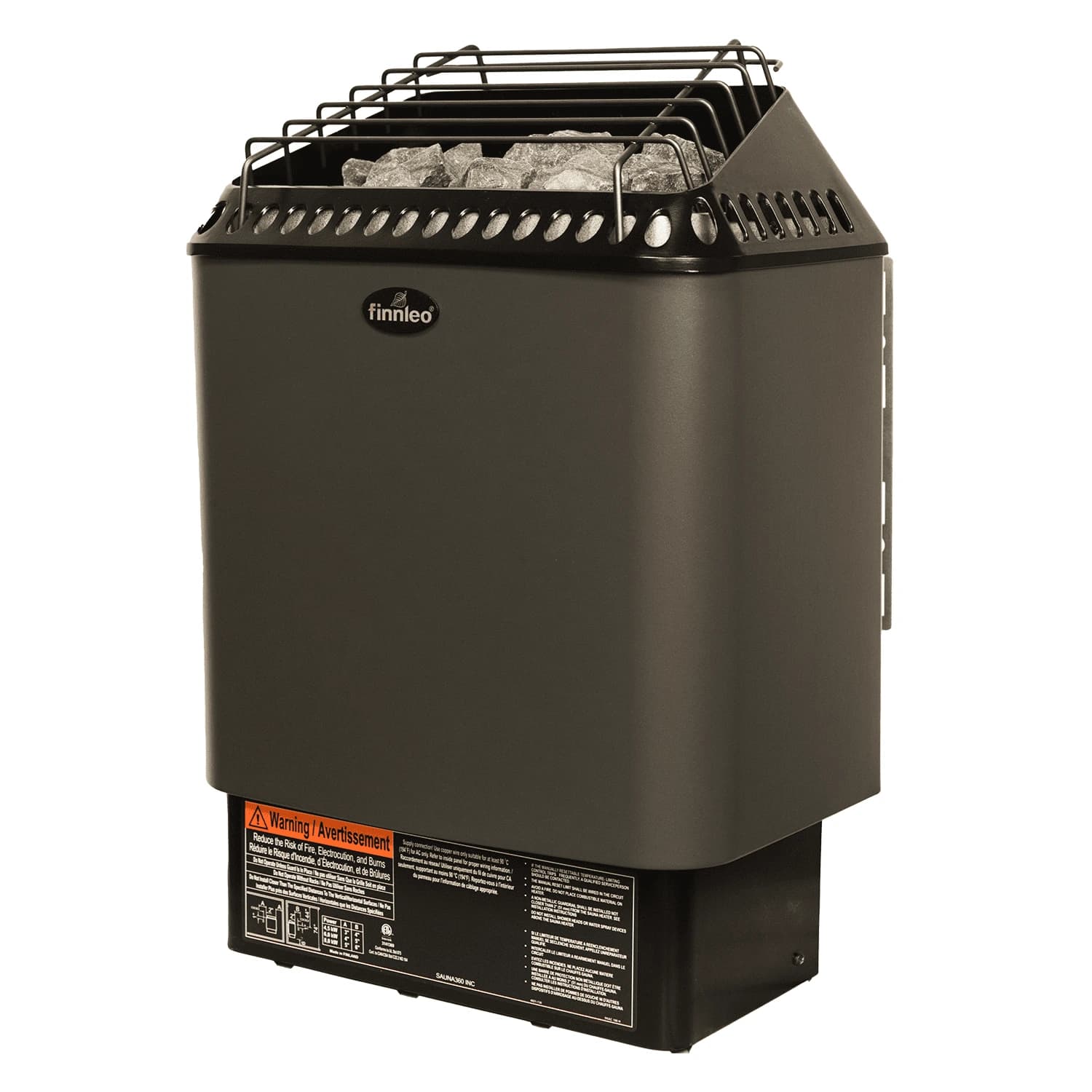 Finnleo Designer SL2 sauna heater, complete three-quarter view showing the rock guard and cabinet