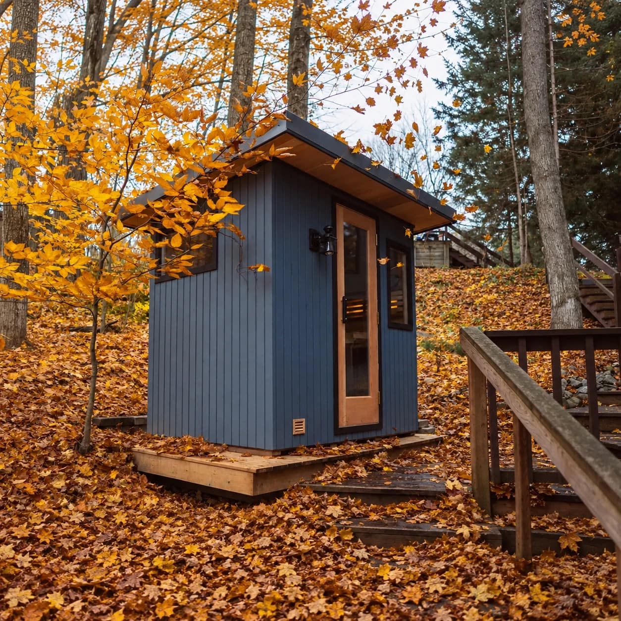 Finnleo Euro outdoor sauna in an autumn woodland setting