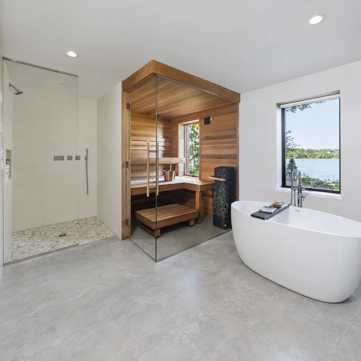 Finnleo permanently installed cedar sauna in a lake-view bathroom
