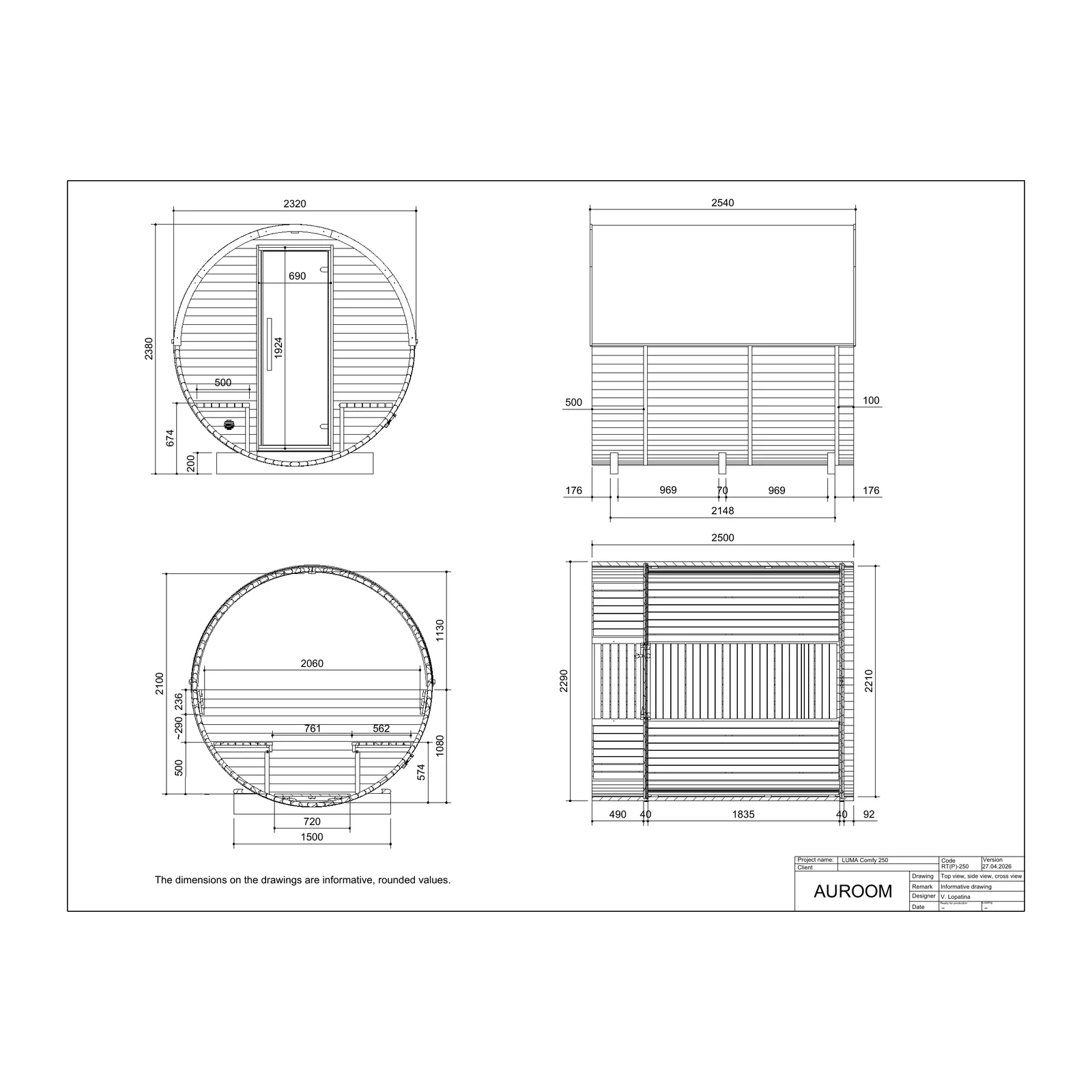 Hekla Barrel 250 technical drawing, side and front, in millimetres