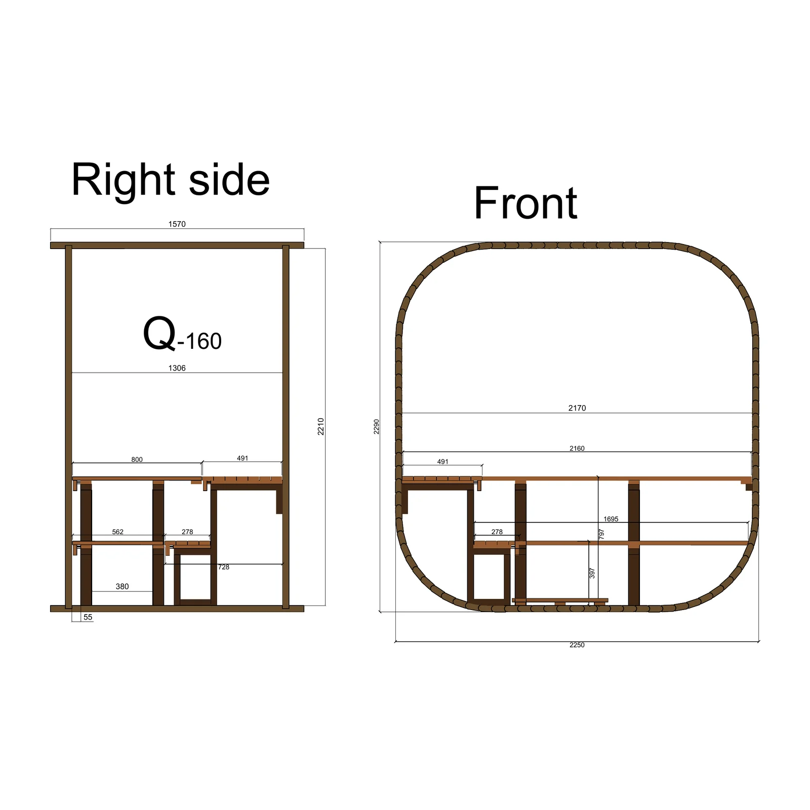 Hekla Cube 160 technical drawing, side and front, in millimetres