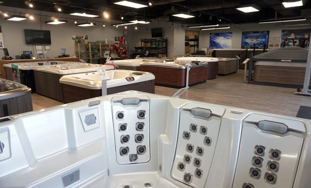Hot tubs displayed inside the Southern Leisure Austin showroom