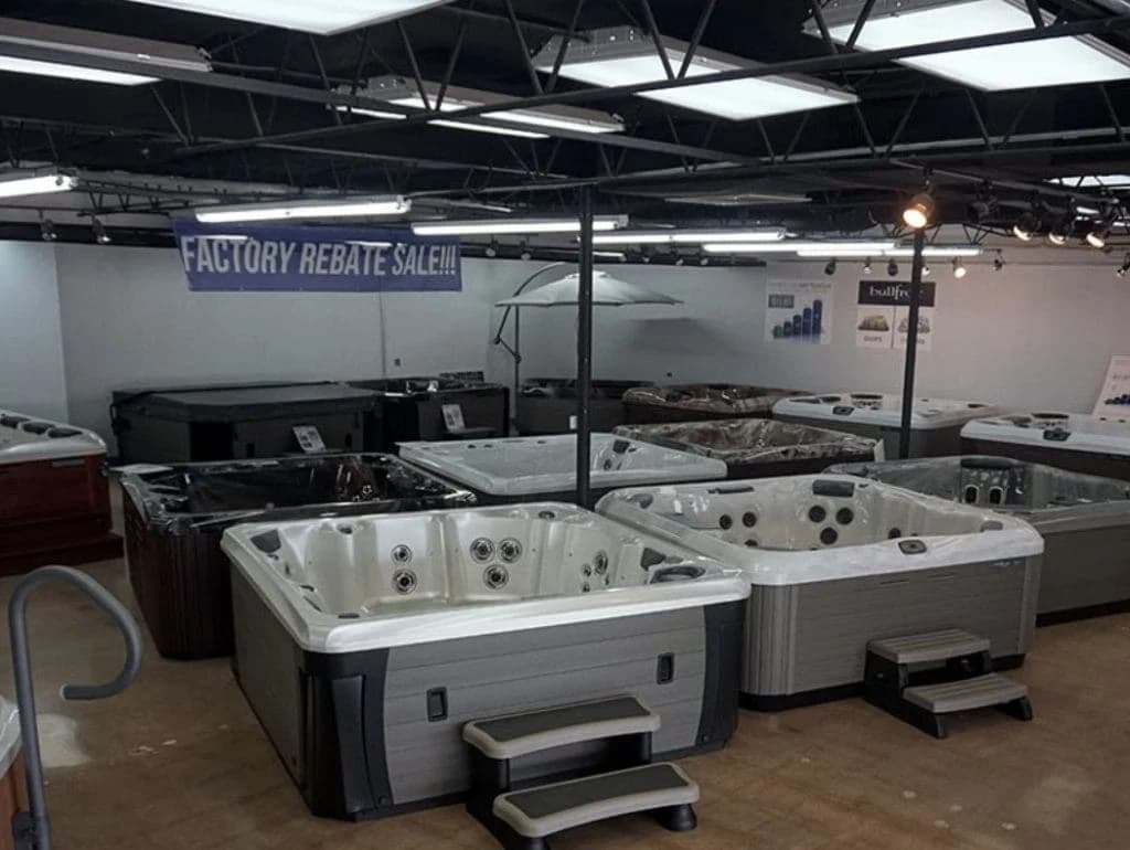 Hot tubs displayed inside the Southern Leisure Richardson showroom