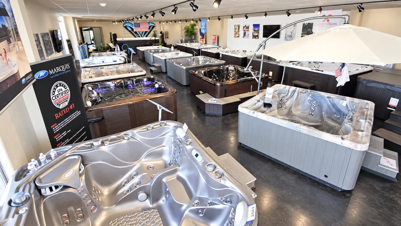 Hot tubs displayed inside the Southern Leisure Flower Mound showroom