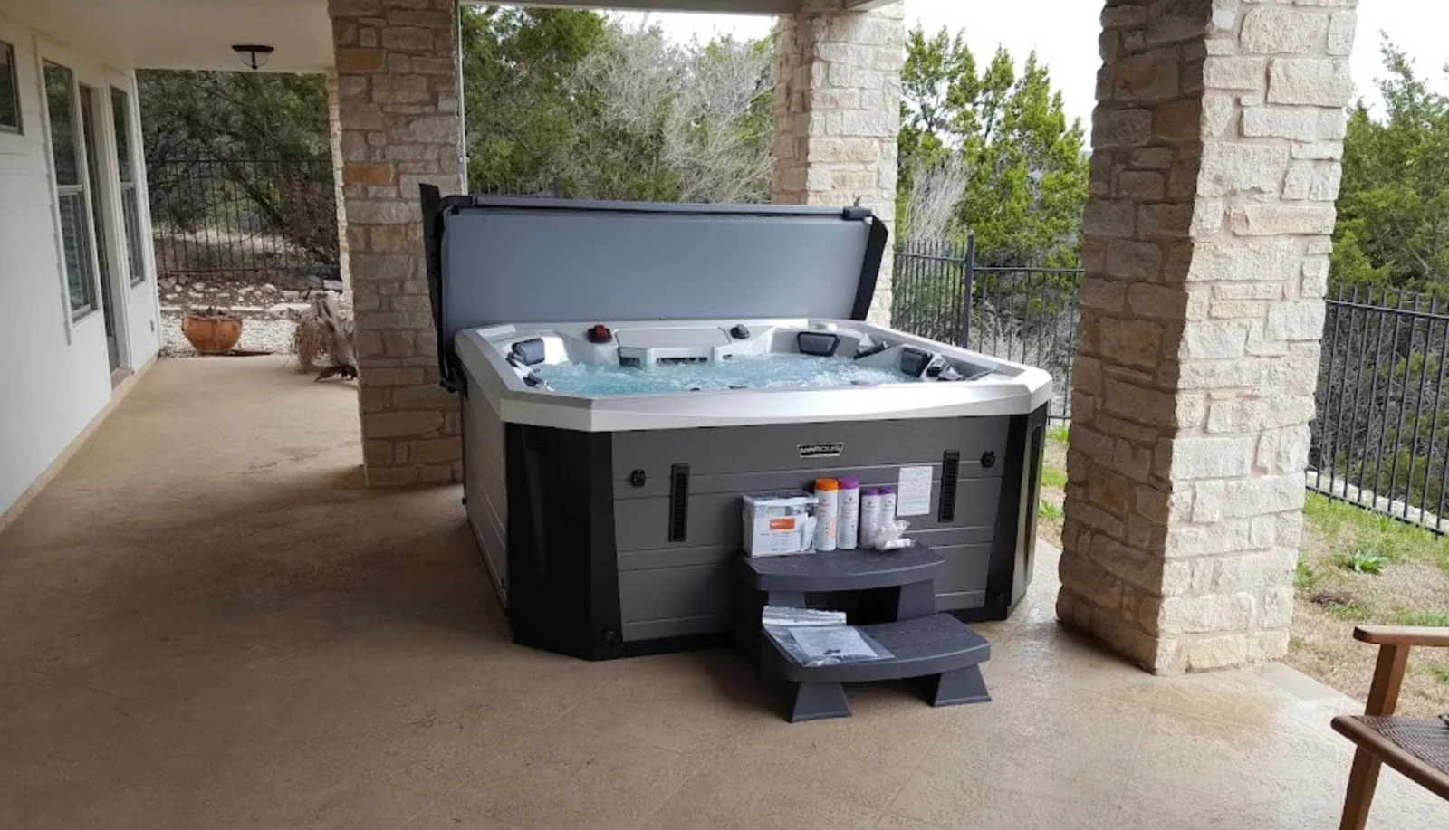 Hot tub installation pictured on Southern Leisure's San Antonio showroom listing