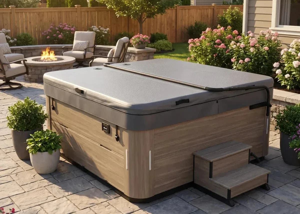 Aircap manufacturer lifestyle photo of a covered square hot tub on a landscaped patio