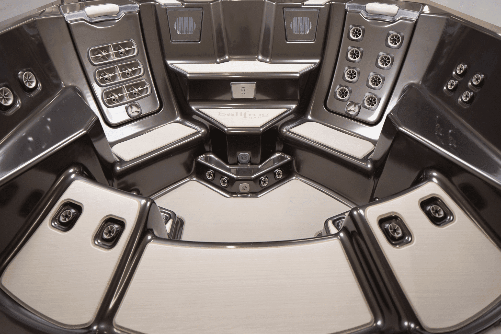 Looking down into a Bullfrog M Series hot tub with JetPak seats all around