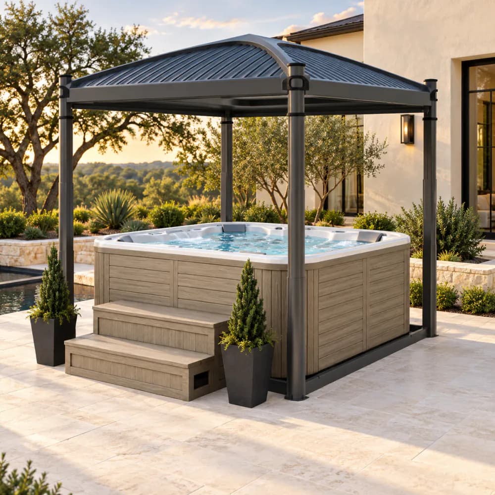 Covana Oasis automated cover raised over a hot tub in a Texas backyard