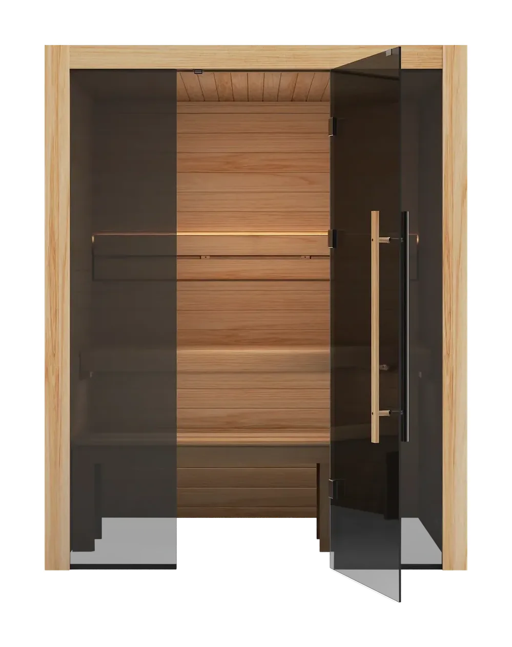 Hekla Traditional 160 with its door open, showing the benches, lighting and glass