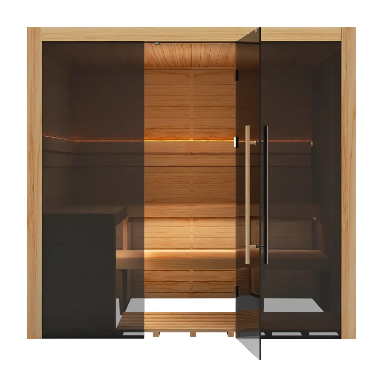 Hekla Traditional 210 with its door open, showing the benches, lighting and glass