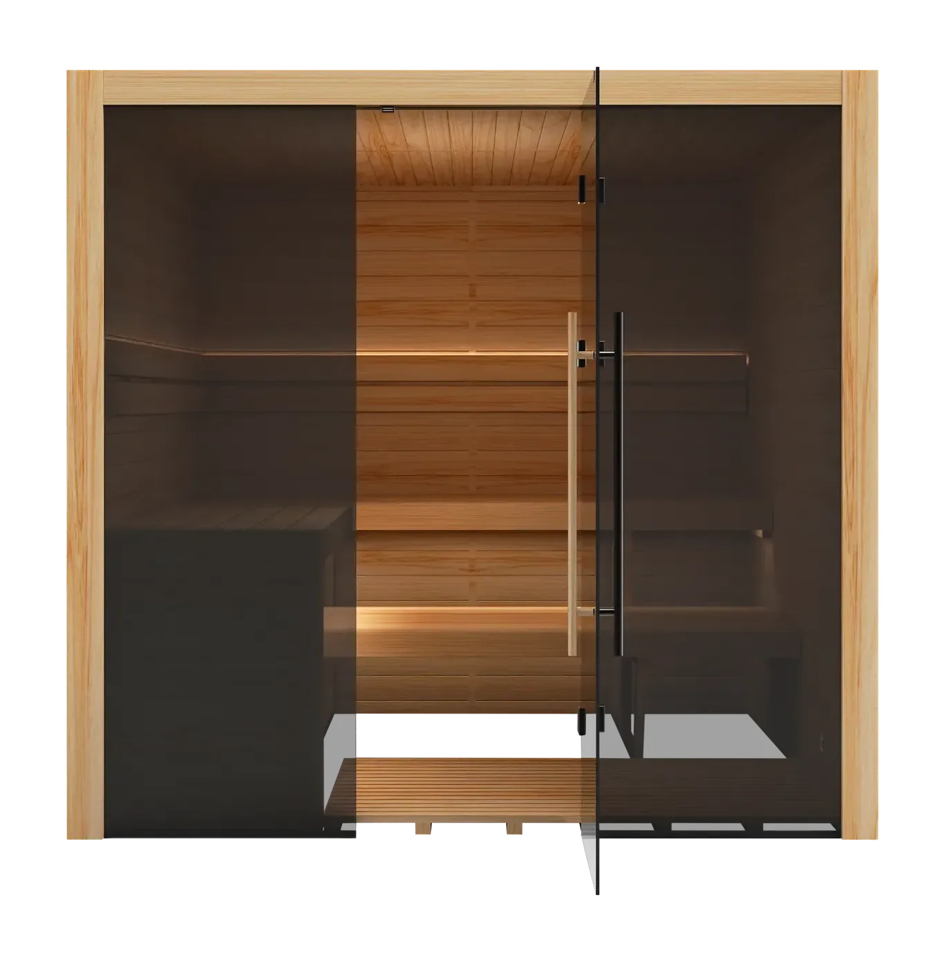 Hekla Traditional 210x with its door open, showing the benches, lighting and glass