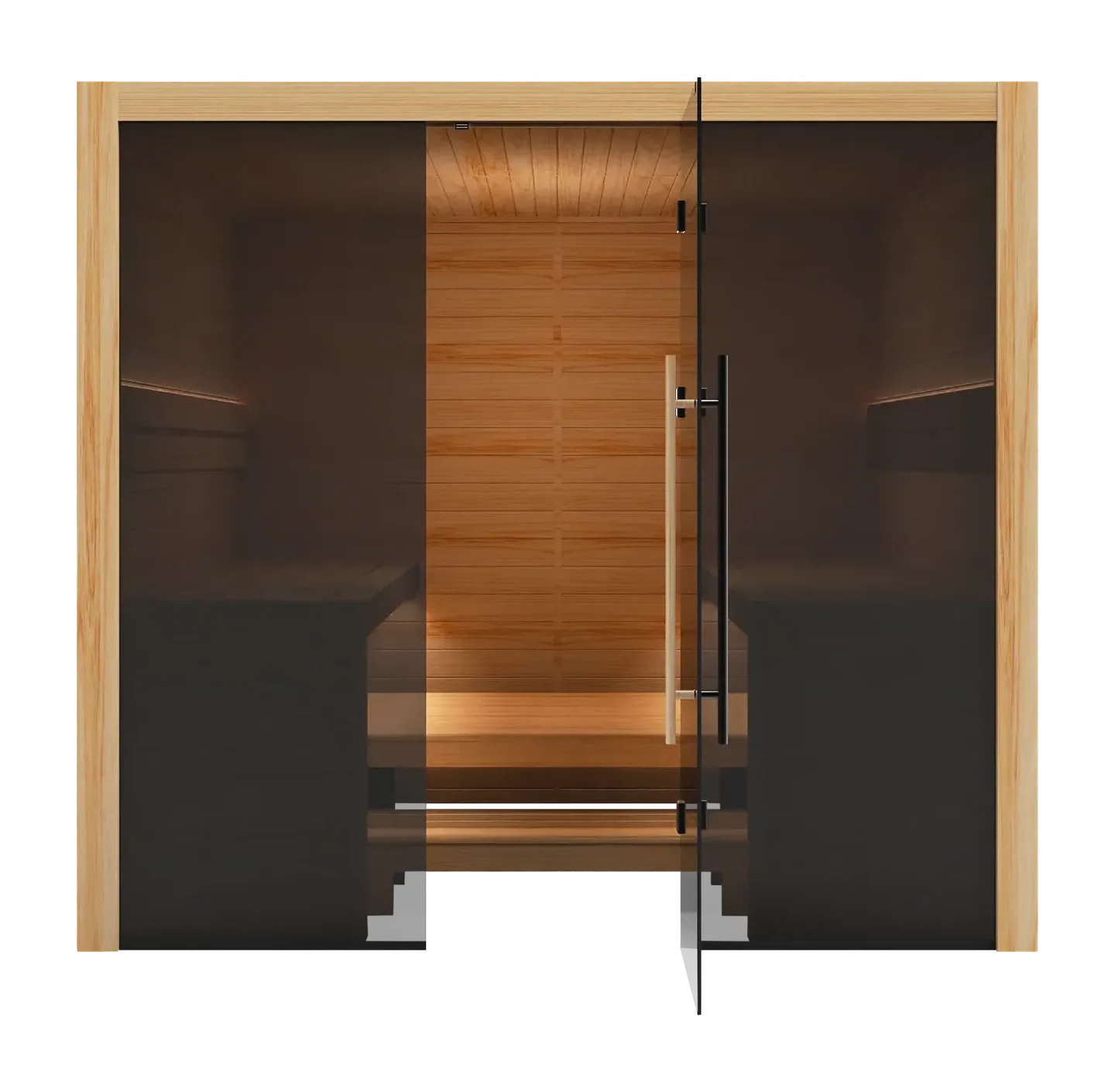 Hekla Traditional 220 with its door open, showing the benches, lighting and glass