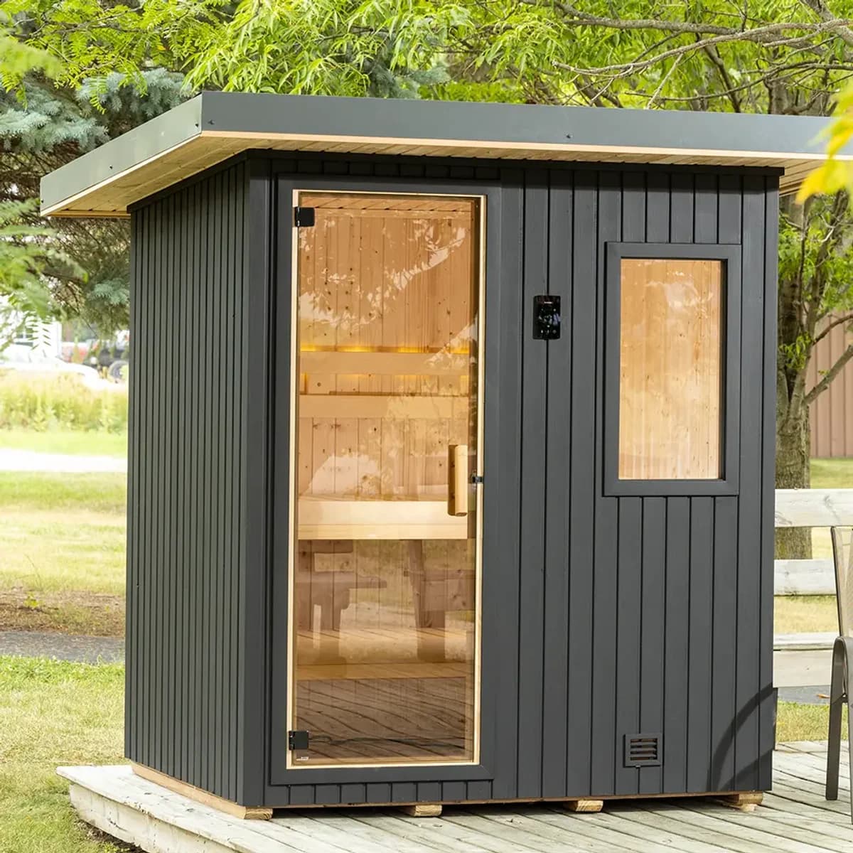 Finnleo NorthStar outdoor sauna in a backyard