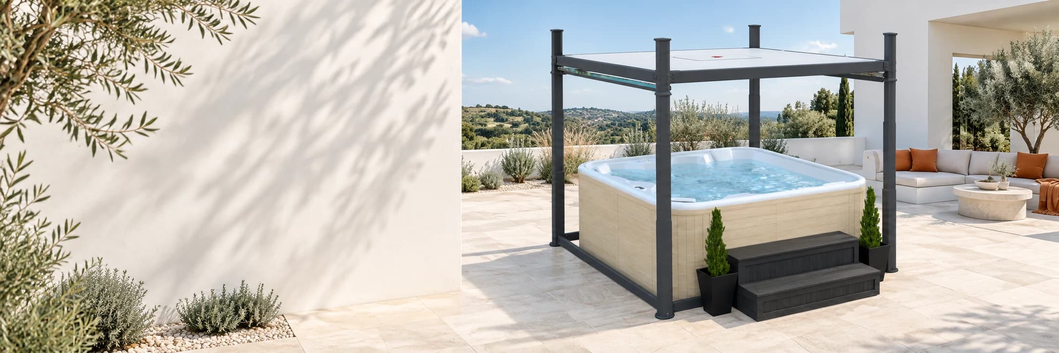 Covana Evolution automated cover in an illustrative courtyard