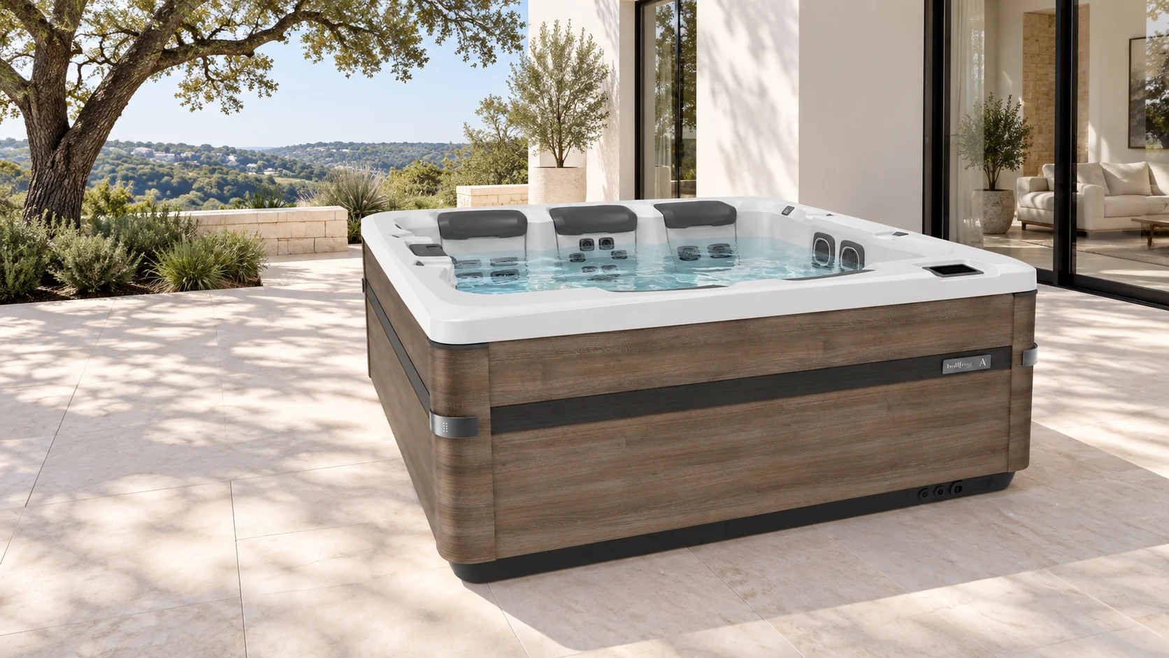 Bullfrog A7D hot tub beside a bright Texas-inspired patio